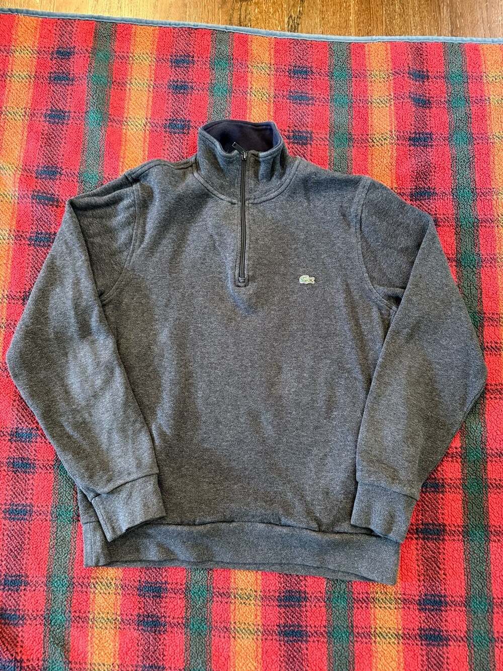 Lacoste Men's Dark Grey Quarter Zip Mock Neck Pullover Sweatshirt with Pockets